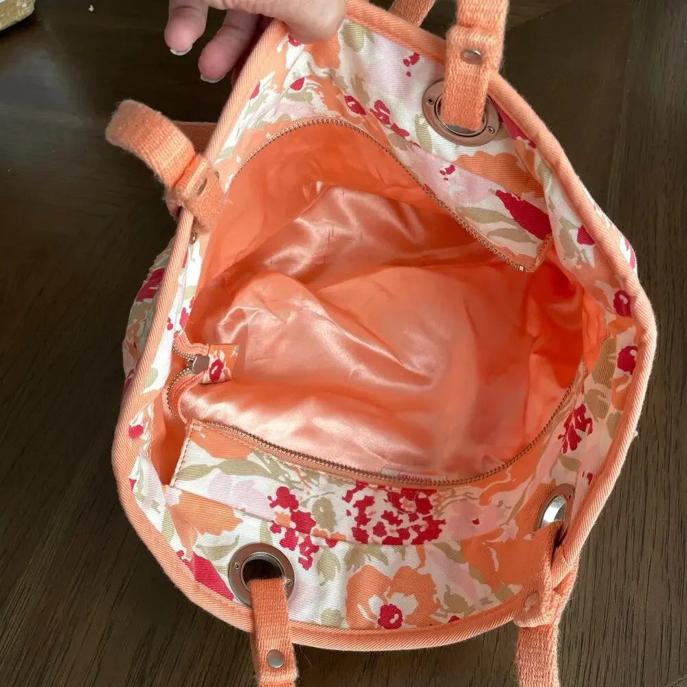 American Eagle Floral Sequined Canvas Tote Bag Cloth Shoulder Salmon Peach